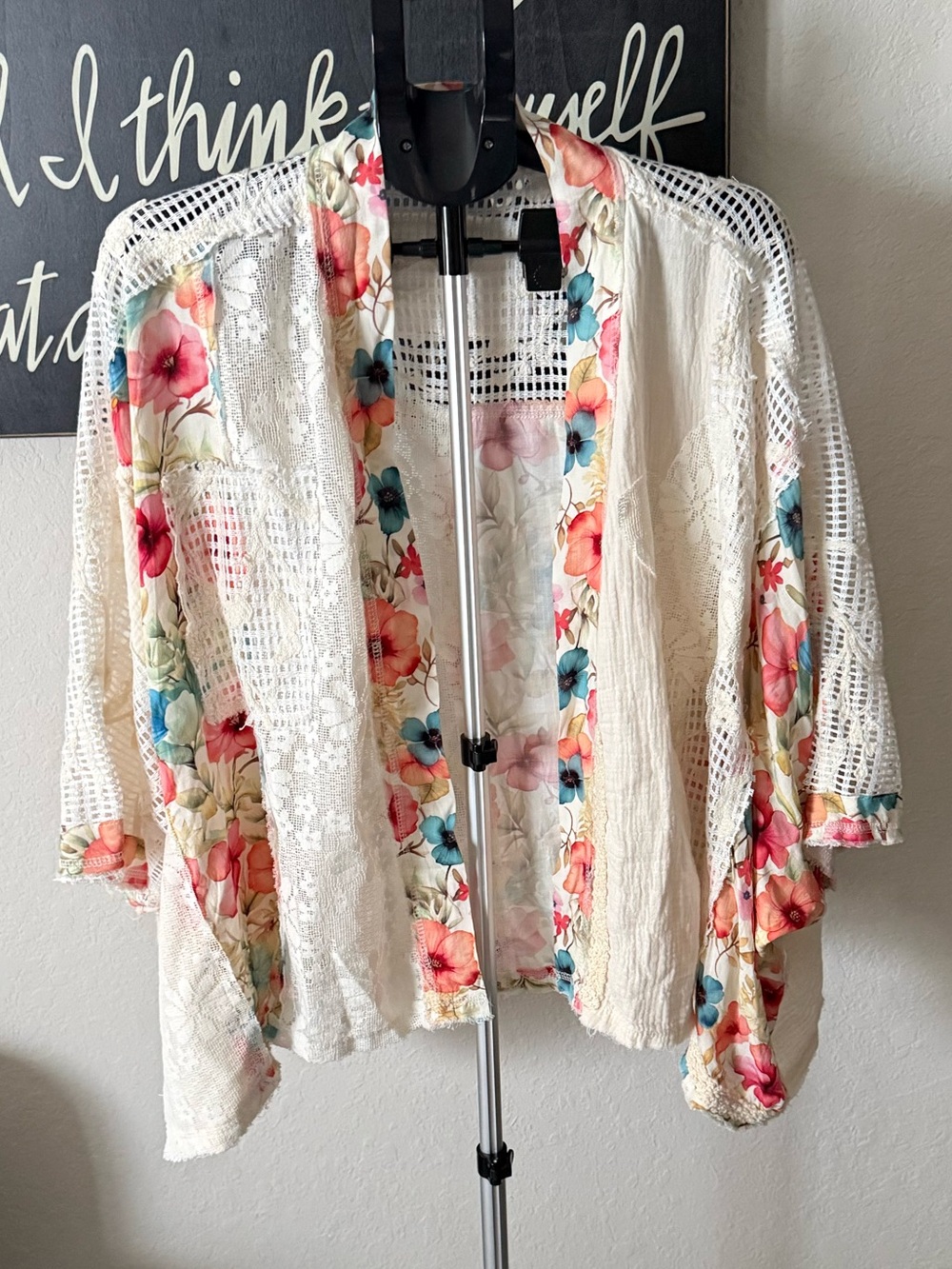 POL Ivory Crochet Open-Front Kimono with Floral Trim NWOT